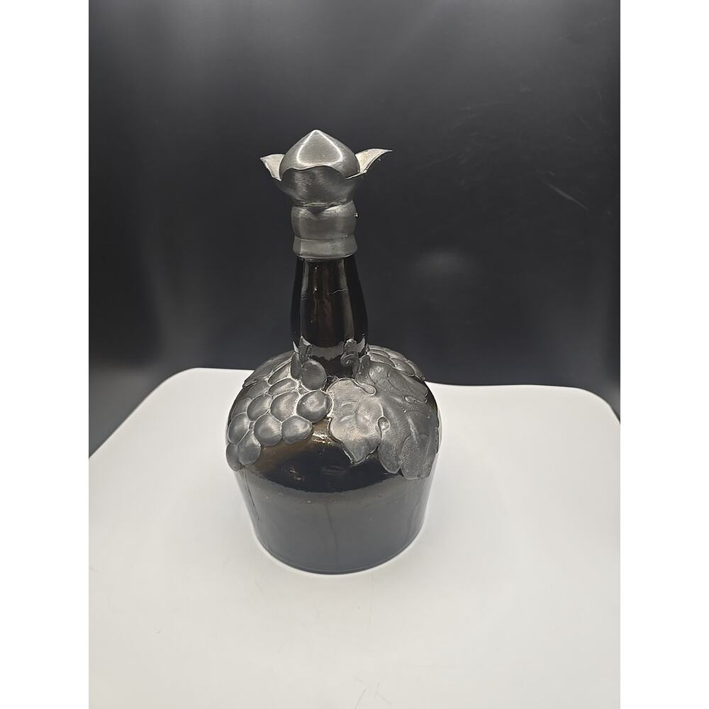 Amber Glass Round Decanter /silver plated Grapes Overlay w Stopper Danish Silver